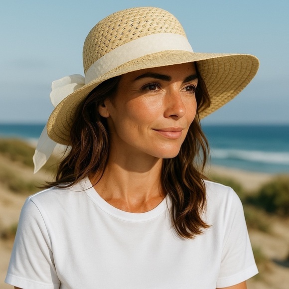 Dolgan Corp Accessories - Straw Sun Garden Beach Hat Floppy Wide Brim White Ribbon Neutral Yellow Women OS